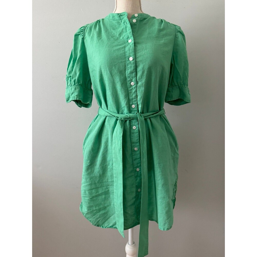 GAP Women's Puff Sleeve Linen Blend Shirt Dress Jamaica Green Size Small Petite